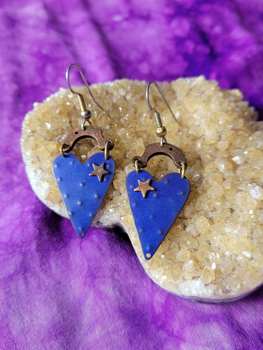 Blue Heart And Star Handcrafted Copper Earrings.